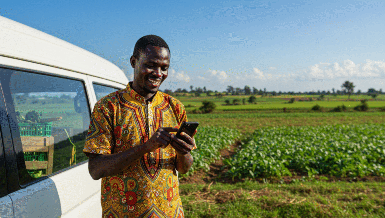 A happy Kenyan farmer standing in front of a well-packed produce delivery van, using a smartphone app.