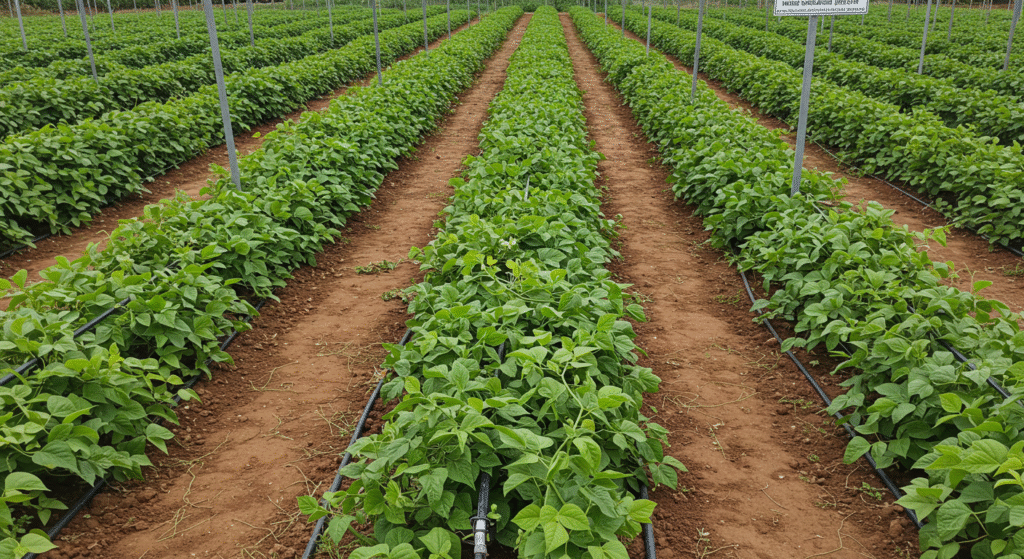Kenyan farm growing French beans under drip irrigation