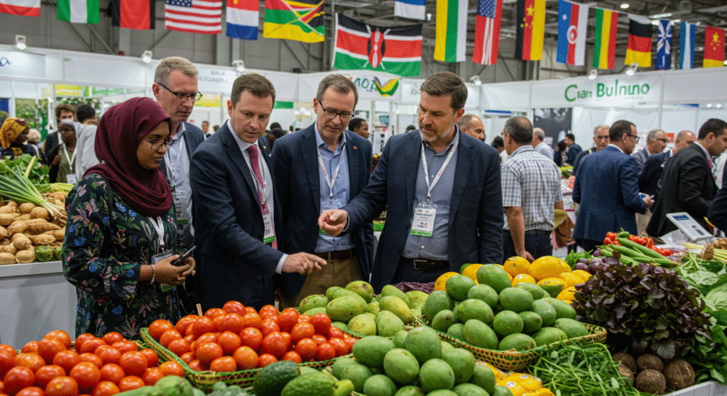 International buyers inspecting Kenyan farm produce at a trade expo.